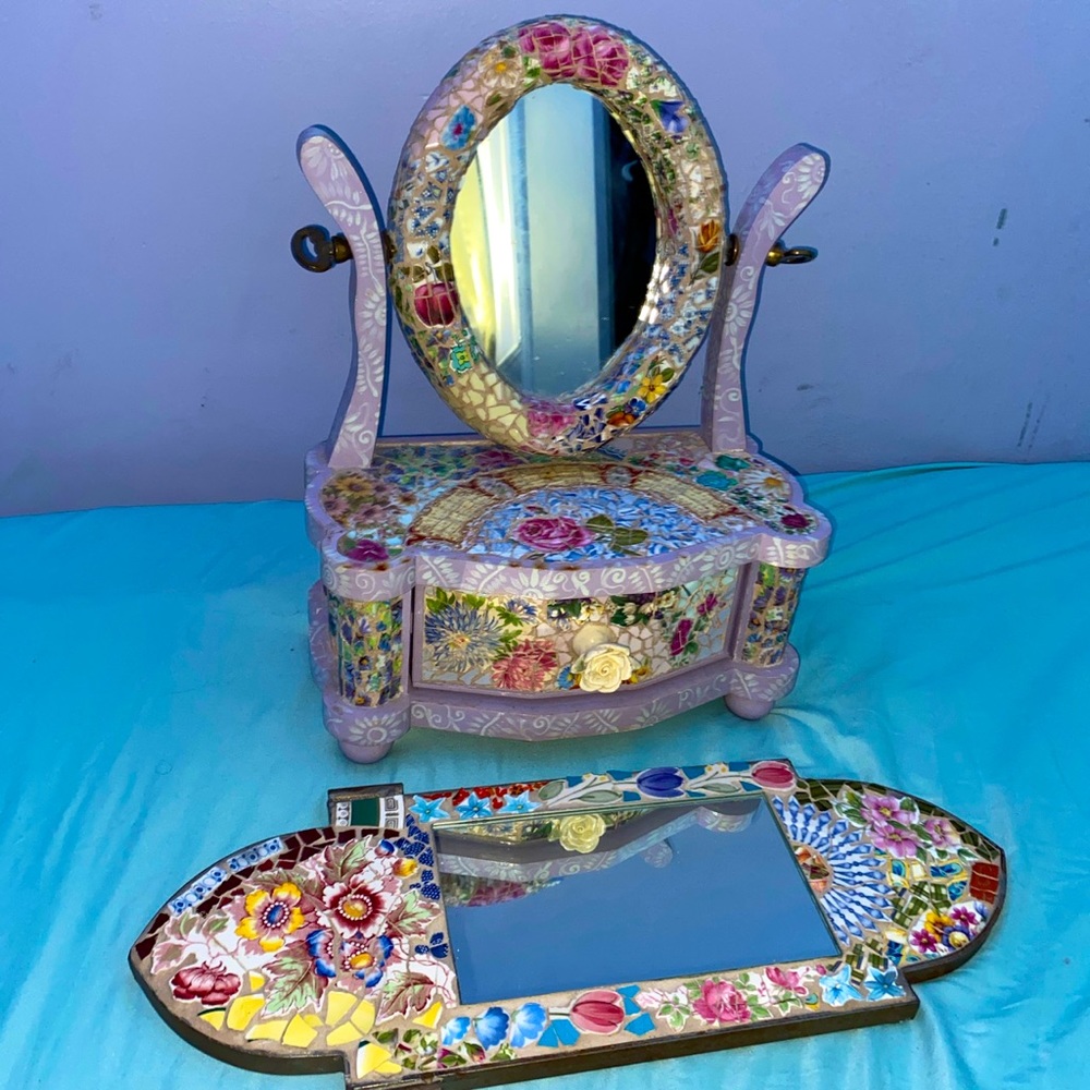vintage stained glass mini vanity & mirror